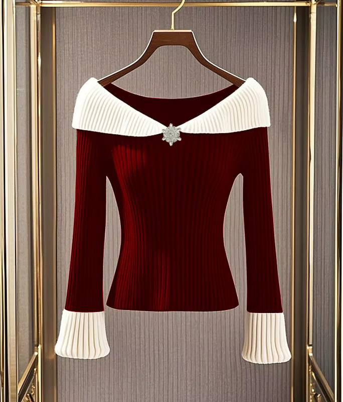 Елегантен плетен пуловер с V-образно деколте, контрастни панели, slim fit; core-spun прежда върху вискозна материя