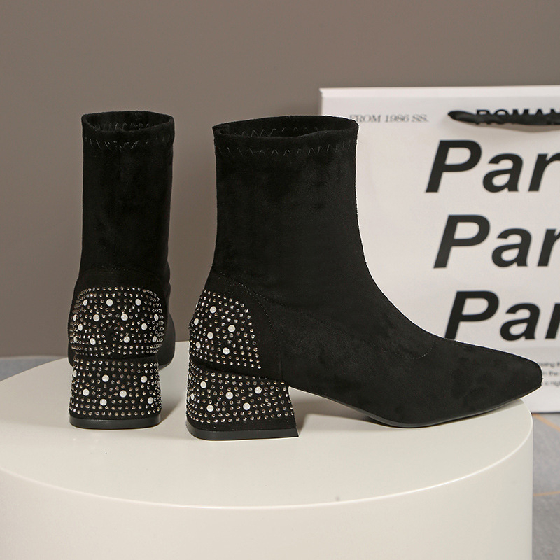 Мартин ботуши: велурен горен слой, кръгла носка, дебел среден ток 3–5 см, корейска версия, едноцветен