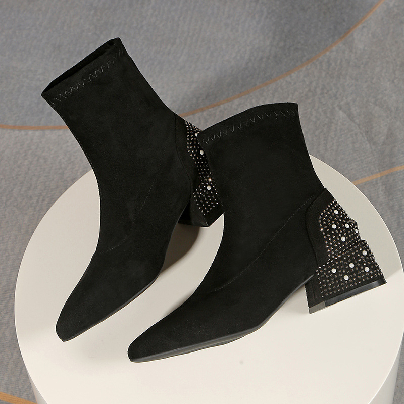 Мартин ботуши: велурен горен слой, кръгла носка, дебел среден ток 3–5 см, корейска версия, едноцветен