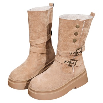 Женски ботуши до средната подбедрица, микрофибър горна част, гумено ходило, закръглен нос, клиновиден ток 3–5 см