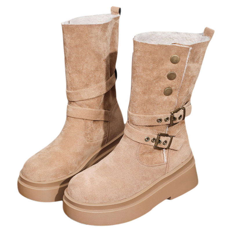 Женски ботуши до средната подбедрица, микрофибър горна част, гумено ходило, закръглен нос, клиновиден ток 3–5 см