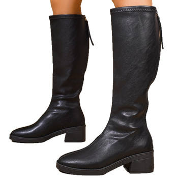 Дълги до коляното модни ботуши с кръгла носка и дебел ток (3-5 cm), PU горна част