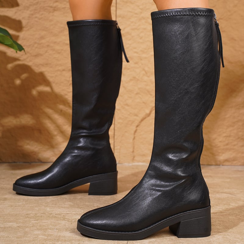 Дълги до коляното модни ботуши с кръгла носка и дебел ток (3-5 cm), PU горна част