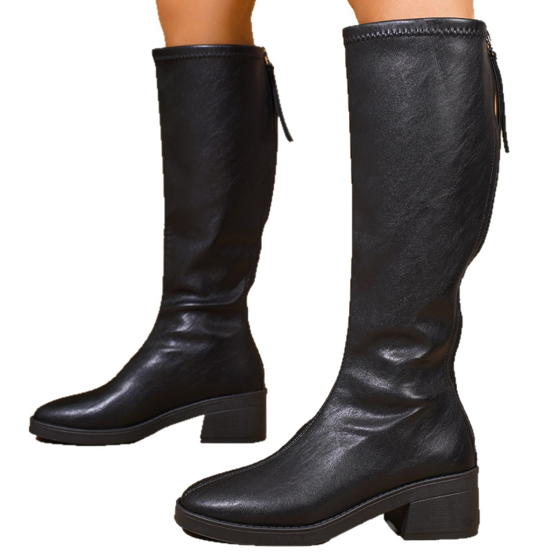 Дълги до коляното модни ботуши с кръгла носка и дебел ток (3-5 cm), PU горна част