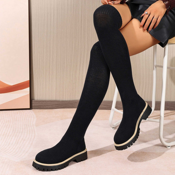 Čižmy nad kolená s okrúhym nosom, PU vrchná časť, hrubý stredný podpätok 3–5 cm, slip-on