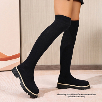 Čižmy nad kolená s okrúhym nosom, PU vrchná časť, hrubý stredný podpätok 3–5 cm, slip-on