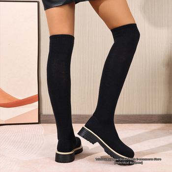 Čižmy nad kolená s okrúhym nosom, PU vrchná časť, hrubý stredný podpätok 3–5 cm, slip-on