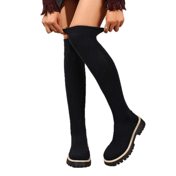 Čižmy nad kolená s okrúhym nosom, PU vrchná časť, hrubý stredný podpätok 3–5 cm, slip-on