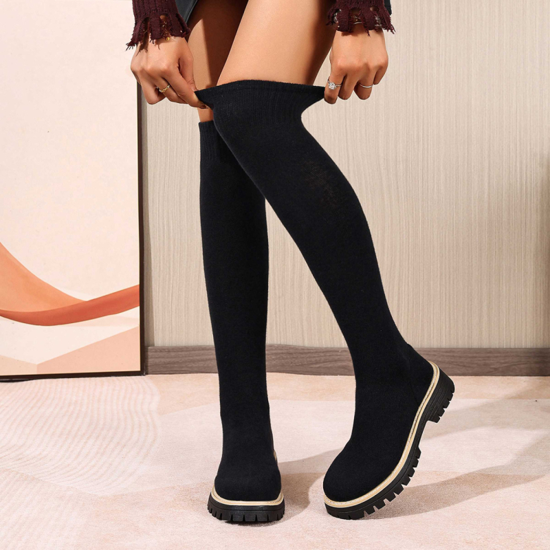 Čižmy nad kolená s okrúhym nosom, PU vrchná časť, hrubý stredný podpätok 3–5 cm, slip-on