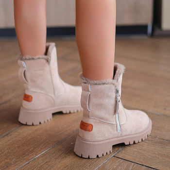 Дамски зимни ботуши до средата на прасците със сатенено горнище, плюшена подплата, PU подметка, кръгла носка и плосък ток