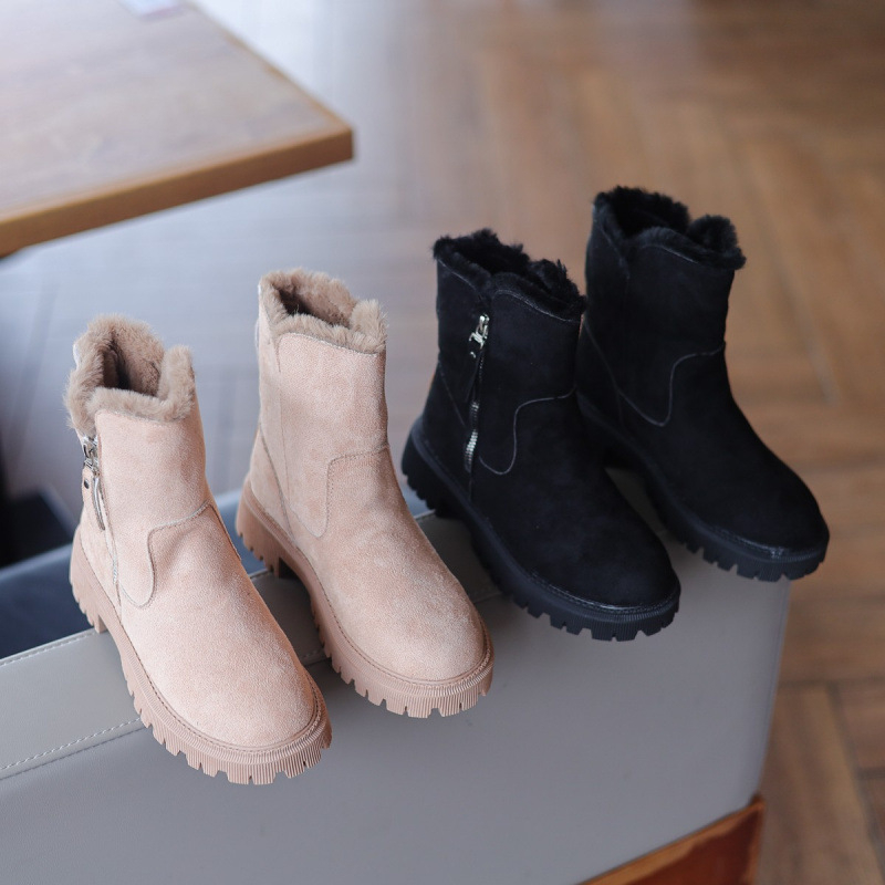 Дамски зимни ботуши до средата на прасците със сатенено горнище, плюшена подплата, PU подметка, кръгла носка и плосък ток
