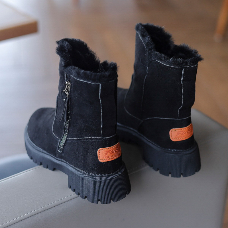 Дамски зимни ботуши до средата на прасците със сатенено горнище, плюшена подплата, PU подметка, кръгла носка и плосък ток