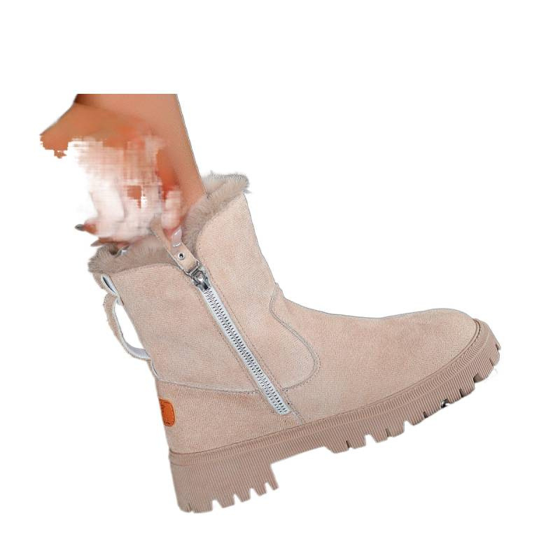 Дамски зимни ботуши до средата на прасците със сатенено горнище, плюшена подплата, PU подметка, кръгла носка и плосък ток