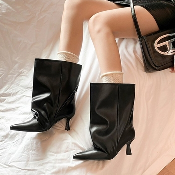 Ботуши с ресни, заострен нос, среден ток 3–5 см, нисък маншет, PU горна част, гумирана подметка