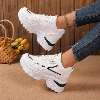 Дамски ежедневни обувки с връзки отпред, закръглен нос, нисък връх, PU горна част, дебела антихлъзгаща подметка