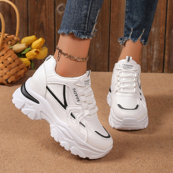 Дамски ежедневни обувки с връзки отпред, закръглен нос, нисък връх, PU горна част, дебела антихлъзгаща подметка