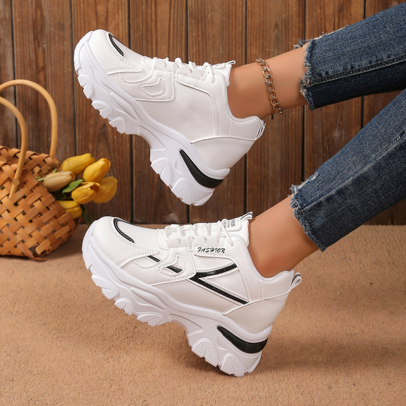 Дамски ежедневни обувки с връзки отпред, закръглен нос, нисък връх, PU горна част, дебела антихлъзгаща подметка