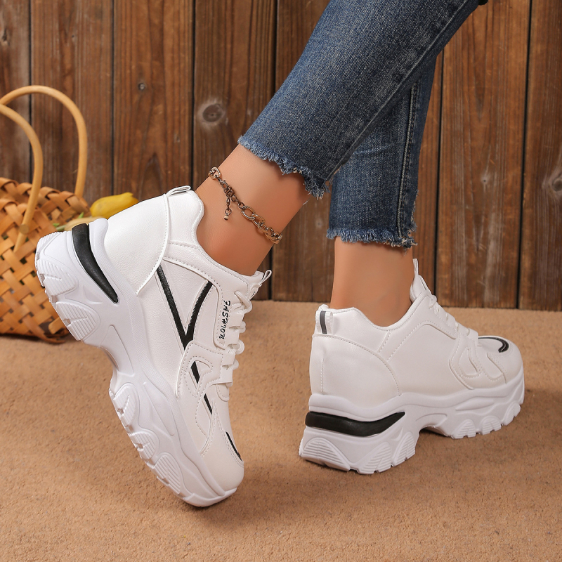 Дамски ежедневни обувки с връзки отпред, закръглен нос, нисък връх, PU горна част, дебела антихлъзгаща подметка