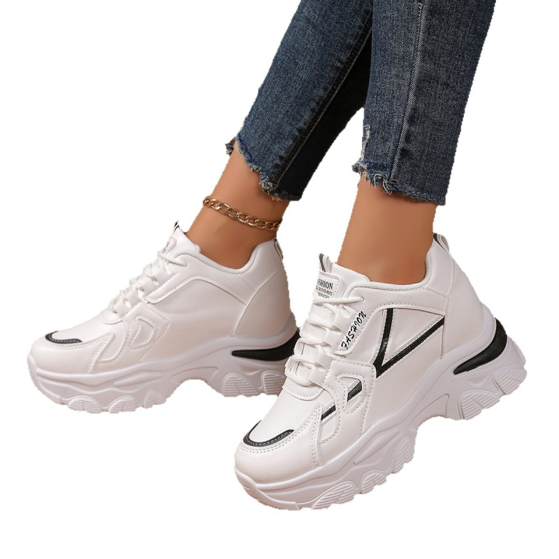 Дамски ежедневни обувки с връзки отпред, закръглен нос, нисък връх, PU горна част, дебела антихлъзгаща подметка