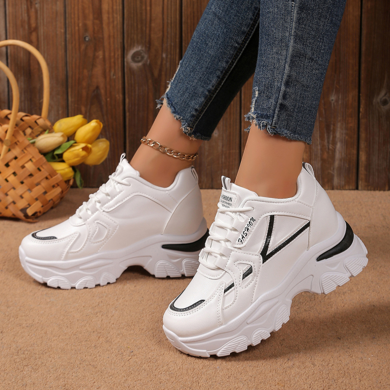 Дамски ежедневни обувки с връзки отпред, закръглен нос, нисък връх, PU горна част, дебела антихлъзгаща подметка