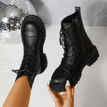 Дамски ботуши Мартин, нисък крачол, кръгъл пръст, страничен цип, дебел ток 3–5 см, водоустойчиви