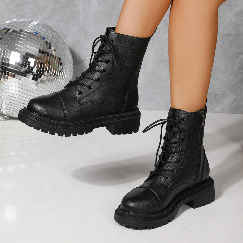 Дамски ботуши Мартин, нисък крачол, кръгъл пръст, страничен цип, дебел ток 3–5 см, водоустойчиви