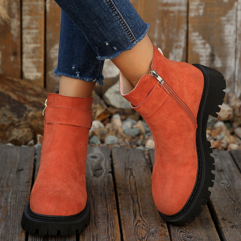 Мартин ботуши за жени в френски стил, страничен цип, PU горна част, кръгла пръст, среден ток 3-5 см