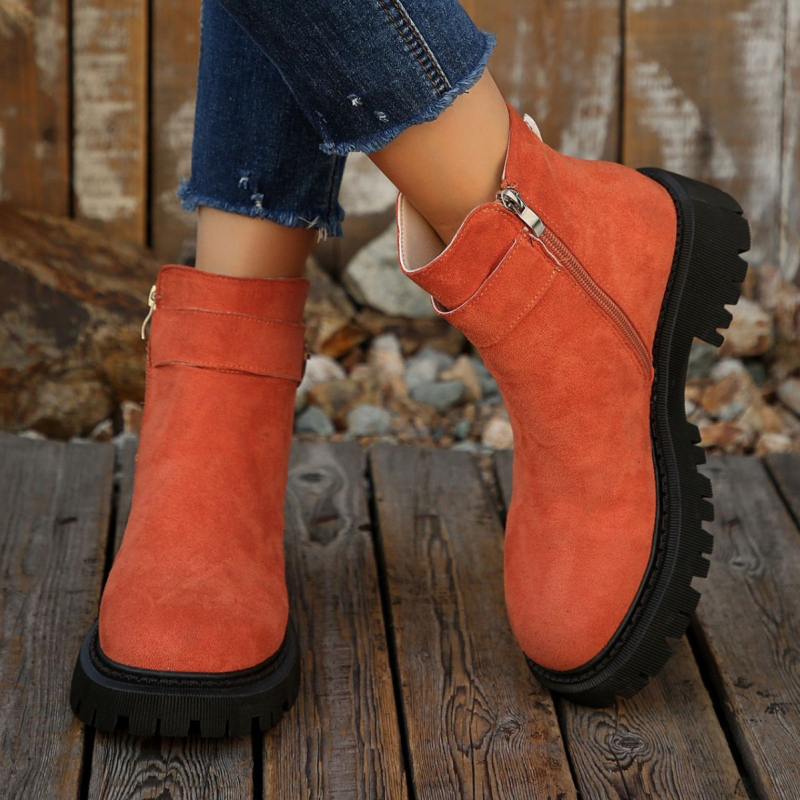 Мартин ботуши за жени в френски стил, страничен цип, PU горна част, кръгла пръст, среден ток 3-5 см