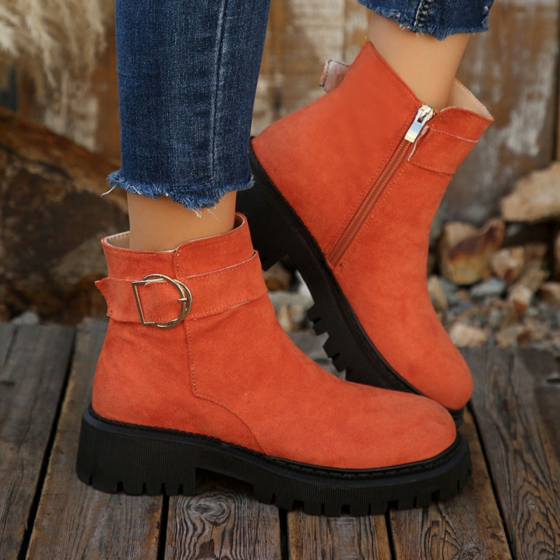 Мартин ботуши за жени в френски стил, страничен цип, PU горна част, кръгла пръст, среден ток 3-5 см