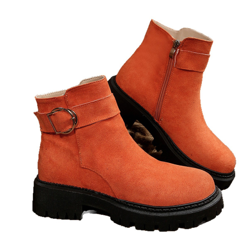 Мартин ботуши за жени в френски стил, страничен цип, PU горна част, кръгла пръст, среден ток 3-5 см