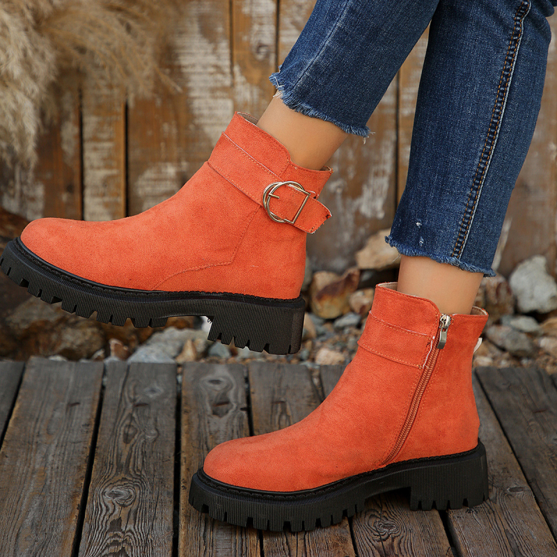 Мартин ботуши за жени в френски стил, страничен цип, PU горна част, кръгла пръст, среден ток 3-5 см