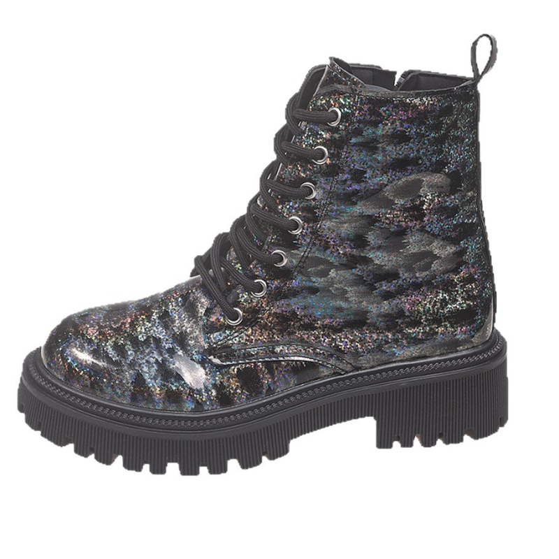 Дамски мартин ботуши - PU горна част, каучукова подметка, кръгла носка, среден ток 3-5 см, предно връзване