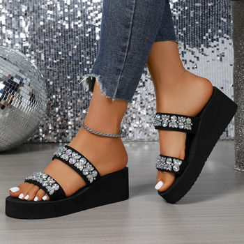 Дамски пайети сандали на клин за лято, еднолентова презрамка, кръгъл нос, римски стил, PU горна част, гумена подметка