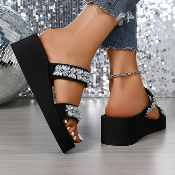 Дамски пайети сандали на клин за лято, еднолентова презрамка, кръгъл нос, римски стил, PU горна част, гумена подметка