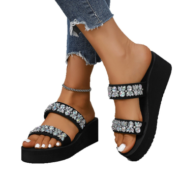 Дамски пайети сандали на клин за лято, еднолентова презрамка, кръгъл нос, римски стил, PU горна част, гумена подметка