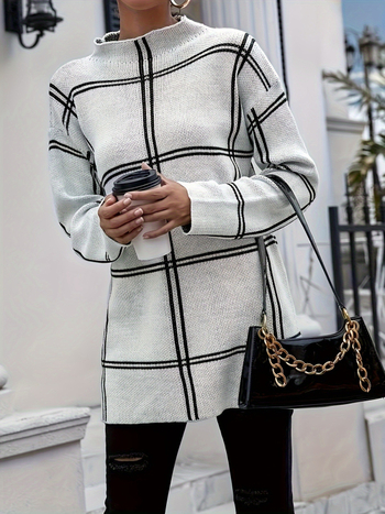 Ženski vlnený pletený sveter s káro vzorom v blokoch farieb, okrúhly výstrih, dlhé rukávy, 95% vlna