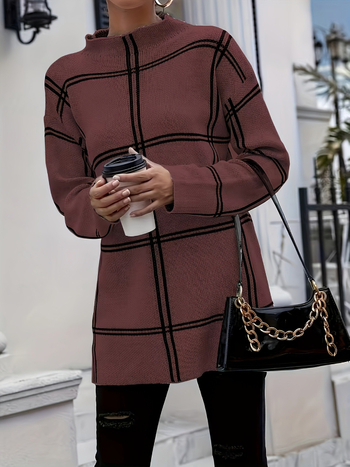 Ženski vlnený pletený sveter s káro vzorom v blokoch farieb, okrúhly výstrih, dlhé rukávy, 95% vlna