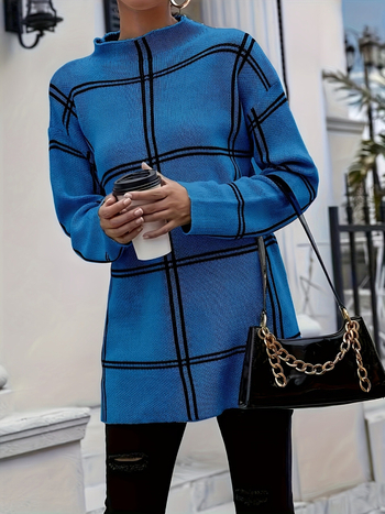 Ženski vlnený pletený sveter s káro vzorom v blokoch farieb, okrúhly výstrih, dlhé rukávy, 95% vlna