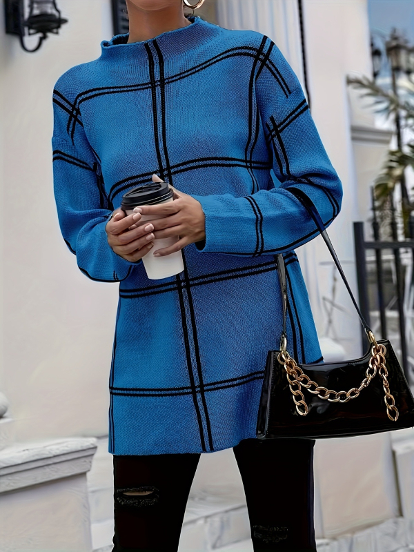 Ženski vlnený pletený sveter s káro vzorom v blokoch farieb, okrúhly výstrih, dlhé rukávy, 95% vlna