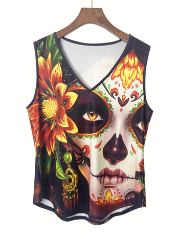 Plus-size dámsky V-krk pletený set s potlačou – polyester-elastan, štíhly strih