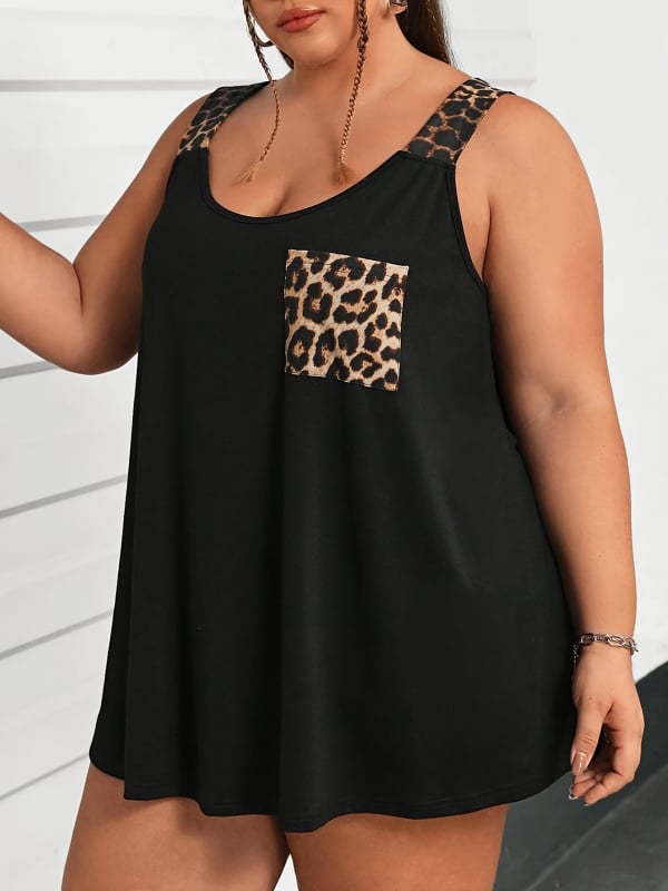 Dámske voľnočasové tielko s okrúhlym výstrihom, patchwork leopard print, voľný strih, stredná dĺžka, zmes polyester-elastán