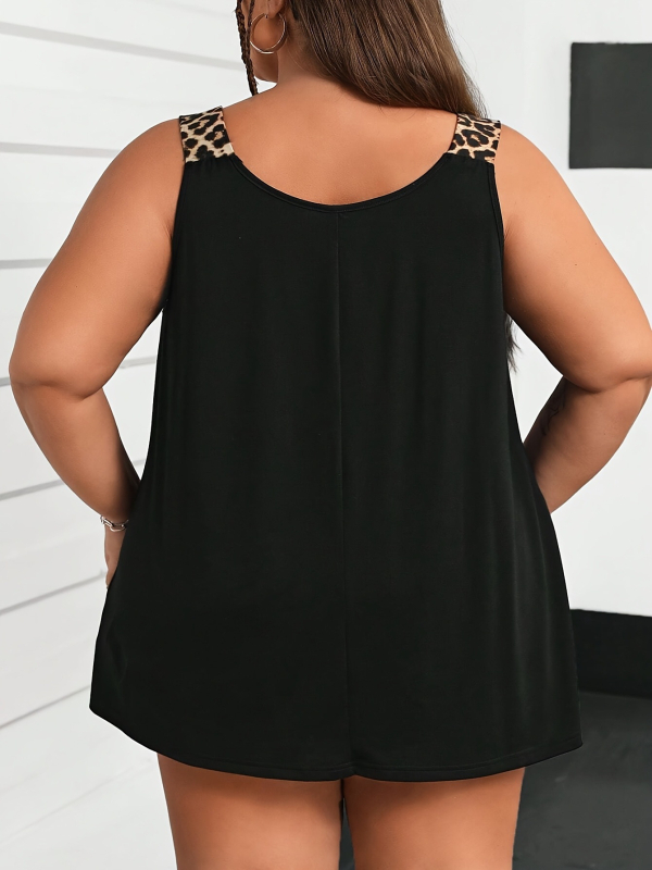 Dámske voľnočasové tielko s okrúhlym výstrihom, patchwork leopard print, voľný strih, stredná dĺžka, zmes polyester-elastán