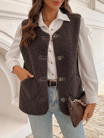 Prsluk Velvet Grain tkanine, V-izrez, kopčanje u jednom nizu, širok kroj, japansko-korejski stil