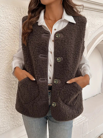 Prsluk Velvet Grain tkanine, V-izrez, kopčanje u jednom nizu, širok kroj, japansko-korejski stil