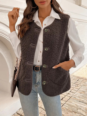 Prsluk Velvet Grain tkanine, V-izrez, kopčanje u jednom nizu, širok kroj, japansko-korejski stil