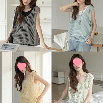 Ženski bezruk vest s mrežastim materijalom, U-izrez, standardna duljina; elastan ≤30% + drugi materijal 70–80%.