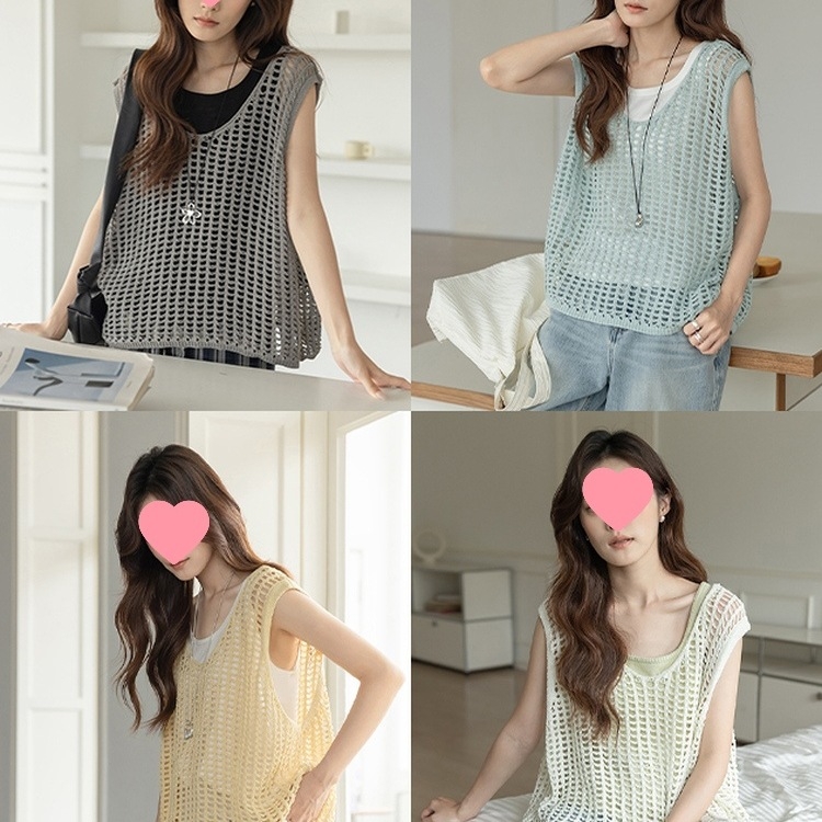 Ženski bezruk vest s mrežastim materijalom, U-izrez, standardna duljina; elastan ≤30% + drugi materijal 70–80%.