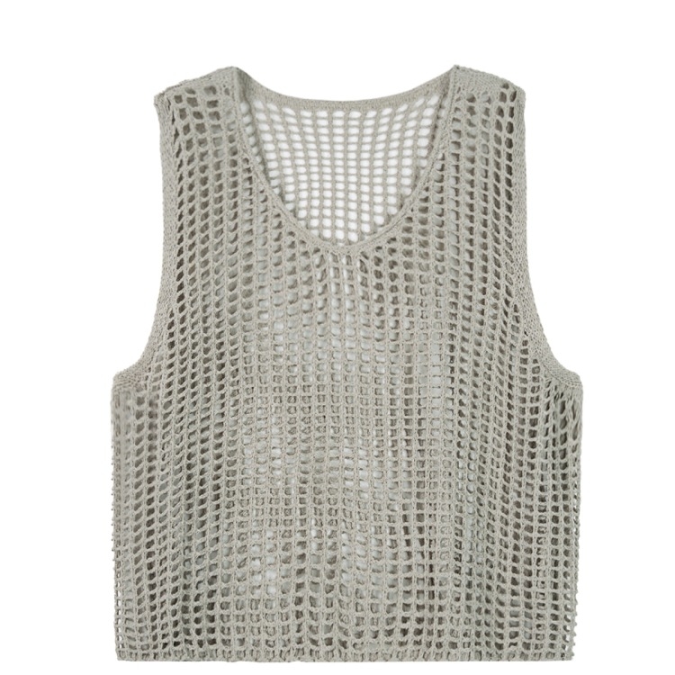 Ženski bezruk vest s mrežastim materijalom, U-izrez, standardna duljina; elastan ≤30% + drugi materijal 70–80%.