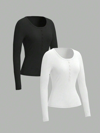 Majica s dugim rukavima i okruglim izrezom, jednobojna poliester-spandeks smjesa, ležernog kroja