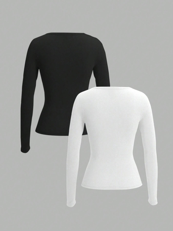 Majica s dugim rukavima i okruglim izrezom, jednobojna poliester-spandeks smjesa, ležernog kroja